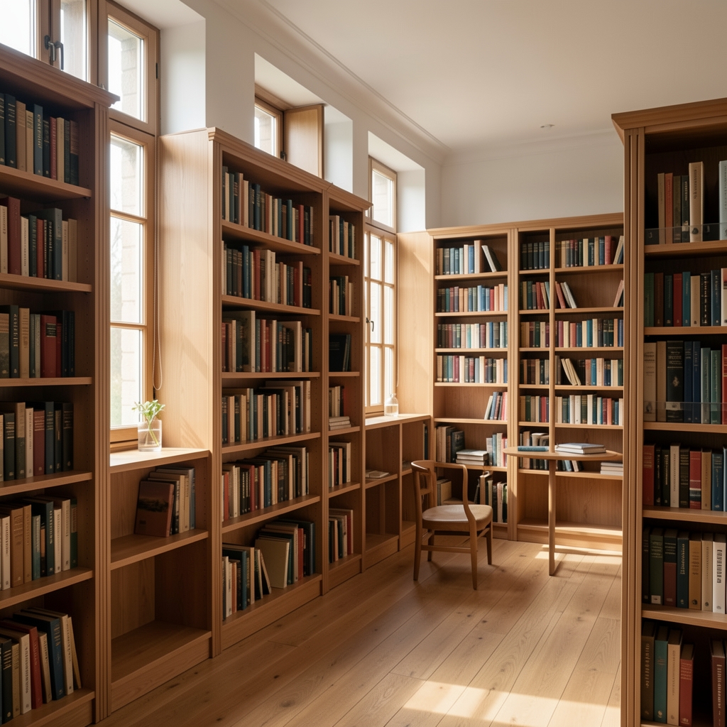 Unutrašnjost arhivske čitaonice sa drvenim policama punim knjiga i prirodnim svetlom koje pada kroz visoke prozore, mirna studijska atmosfera