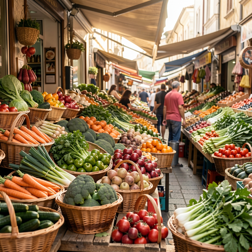 Pijaca sa raznovrsnim svežim povrćem složenim u korpe i na tezgama, jutarnje prirodno svetlo, mirna scena bez posmatrača