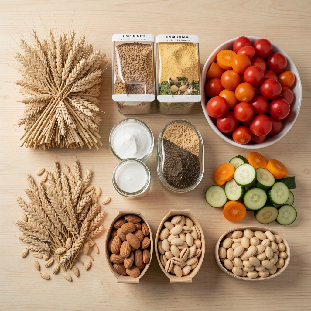 Namirnice složene u grupama na svetloj drvеnoj površini: žitarice, mahunarke, povrće i orasi, kompozicija odozgo, neutralna dokumentarna fotografija