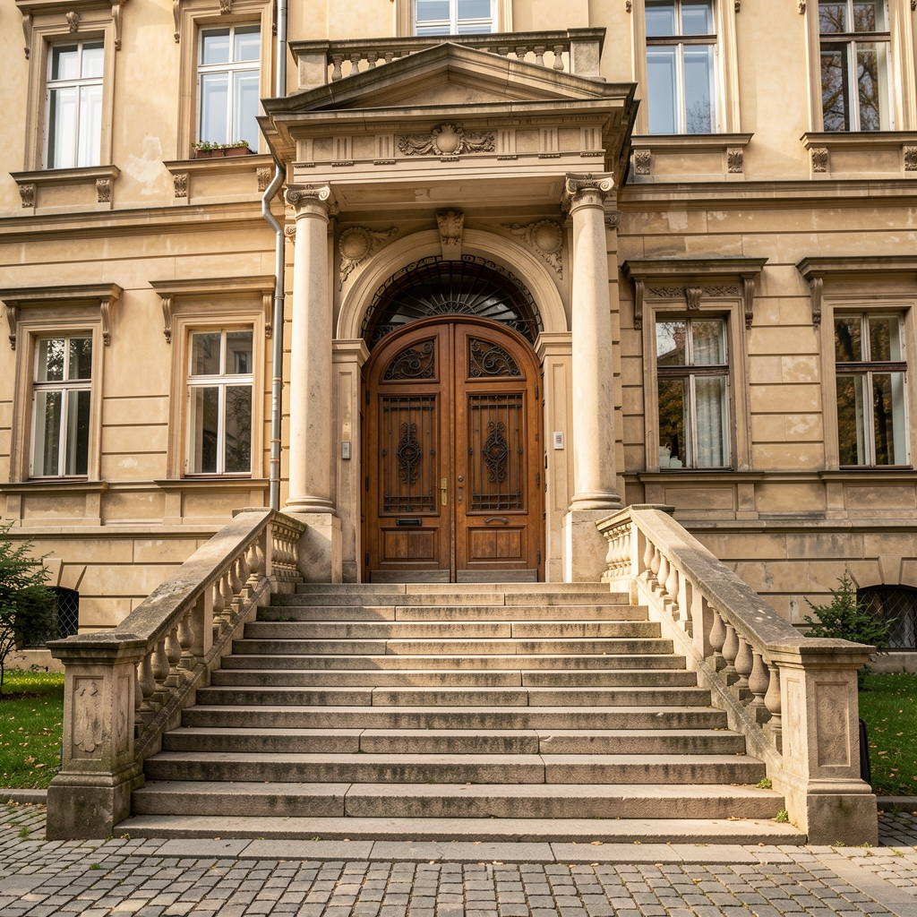 Ulaz u staru beogradsku zgradu sa drvenim kapijama i kamenim stepenicama, mirna ulična scena tokom dana