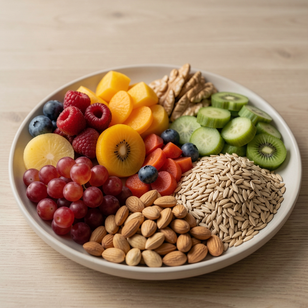 Raznovrsna hrana na tanjiru: voće, povrće, žitarice, orasi, neutralna dokumentarna fotografija bez product packshota